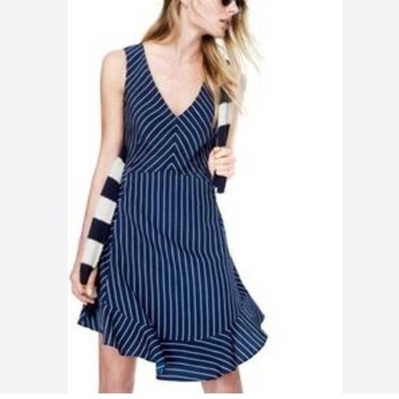 NWT J. Crew Navy Pinstripe Fit & Flare Dress – Size 12 - Picture 1 of 9